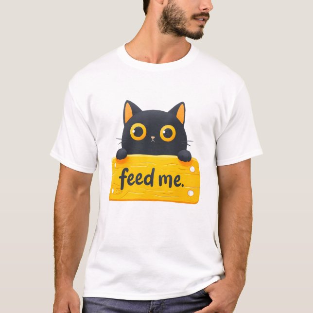 Camiseta gráfica de gato fofo com "Alimente-me" (Frente)