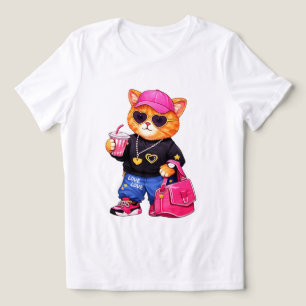 Camiseta Gráfica de Gato Fofo e Moderno para Mulhe