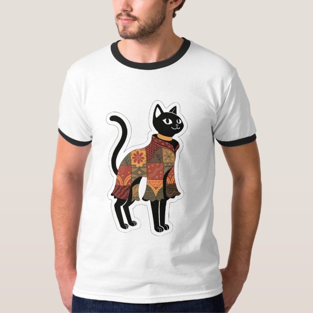 Camiseta Gráfica de Gato Preto Boho Patchwork (Frente)