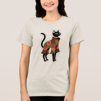Camiseta Gráfica de Gato Preto Boho Patchwork