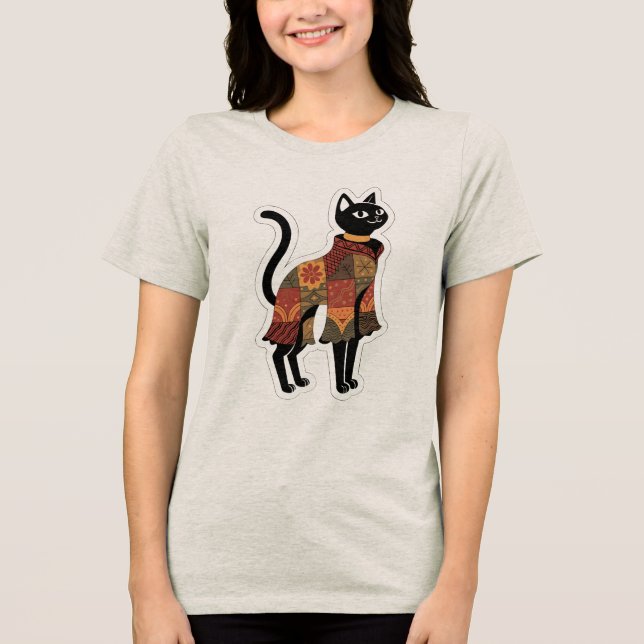 Camiseta Gráfica de Gato Preto Boho Patchwork (Frente)