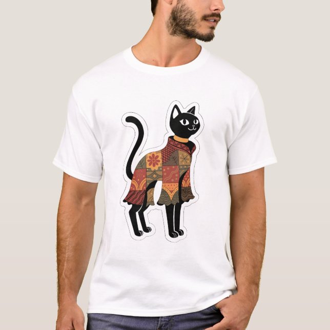 Camiseta Gráfica de Gato Preto Boho Patchwork (Frente)
