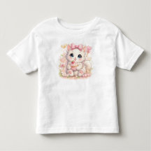 – Camiseta Gráfica de Gato Rosa Kawaii para Menina