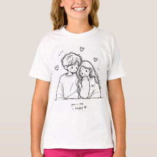 Camiseta Gráfica de Ilustração de Casal Desenhada