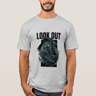 Camiseta Gráfica de Máscara de Gás Escuro "Cuidado