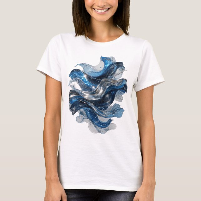Camiseta Gráfica de Onda de Água Prateada que Cham (Frente)