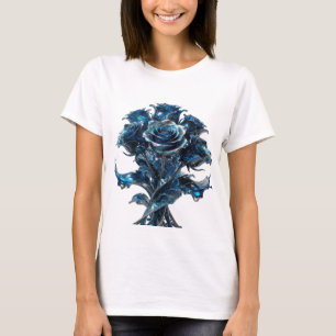 Camiseta Gráfica de Rosas Azuis Prateadas Engraçad