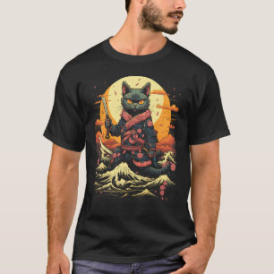 Camiseta Gráfica de Tatuagem Retro de Gato Ninja Samurai Ja