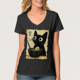 Camiseta Gráfica Divertida de Gato Comendo Ramen A
