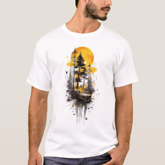 Camiseta Gráfica do Pôr do Sol na Floresta Dourada