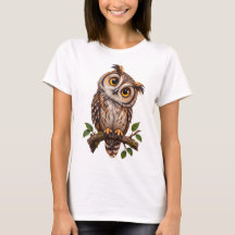 Camiseta Gráfica Feminina de Coruja Fofa em Galho
