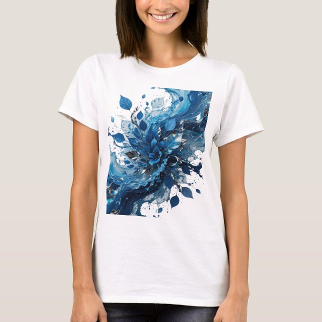 Camiseta Gráfica Folhas e Flores Prateadas Azuis V (Frente)