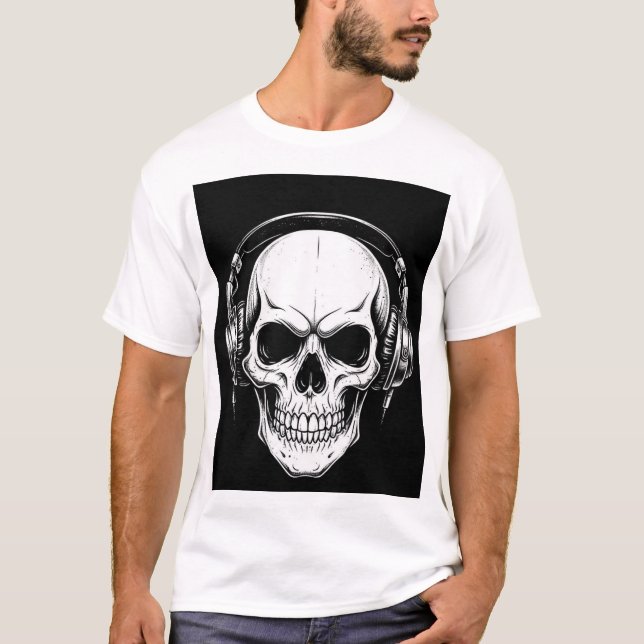 Camiseta Gráfica Gótica de Caveira com Fone de Ouv (Frente)