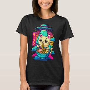 Camiseta Gráfica Kawaii Gato Alien Ufo Ramen Diver