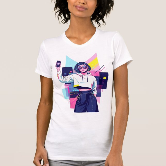 Camiseta Gráfica Retro Synthwave Girl (Frente)