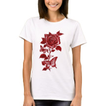 Camiseta Gráfica Rosa e Borboletas com Tinta Verme