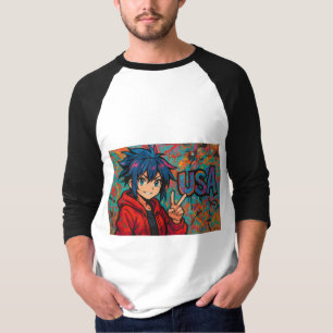 Camiseta Gráfica Vermelha Ousada de Anime EUA