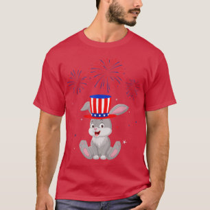 Camiseta Gráfico Bunny Red White Blue Fireworks Decor 4th O