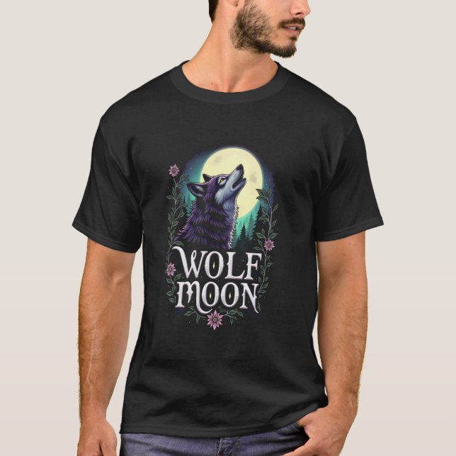 Camiseta Gráfico da Lua do Lobo - Lobo Roxo e Lua Cheia par (Frente)