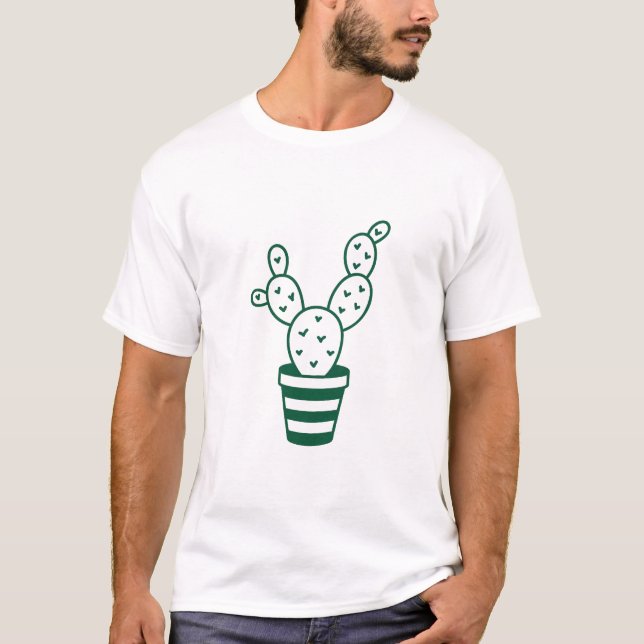 Camiseta Gràfico de Cactus Contornado em Verde Branco (Frente)