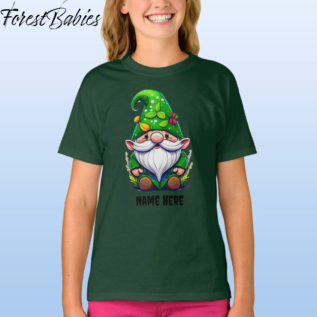 Camiseta Gráfico de desenho animado de gnomos de flores bra (Gnome, Green Customizable ForestBabies T-shirt - Front)
