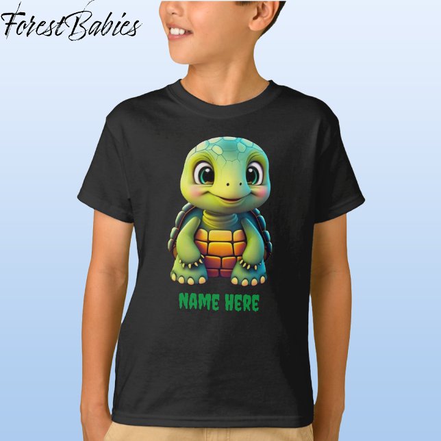 Camiseta Gráfico de desenho animado de tartaruga-branca (Tortoise, Black Customizable ForestBabies T-shirt - Front)