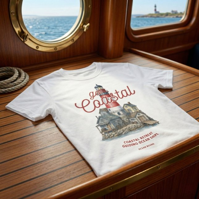 Camiseta Gráfico de Farol Antigo e Vila Costeira (Go coastal, be ocean bound.)