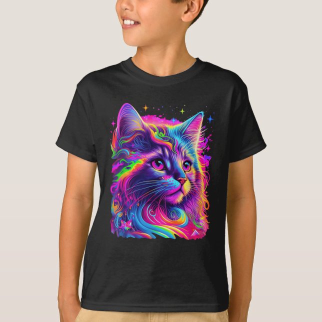Camiseta Gráfico de Gato Arco-Íris Colorido (Frente)