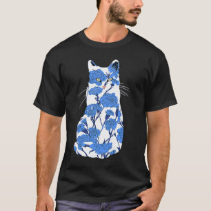 Camiseta Gráfico de Gatos de Porcelana Azul e Florais Branc