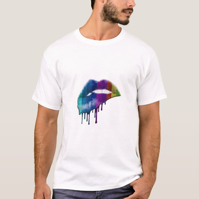 Camiseta Gráfico de Lábios do Rainbow Pride Kiss (Frente)