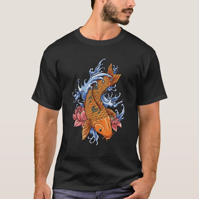 Camiseta Gráfico de Peixe Koi Carp Koi Flor Laranja (Frente)