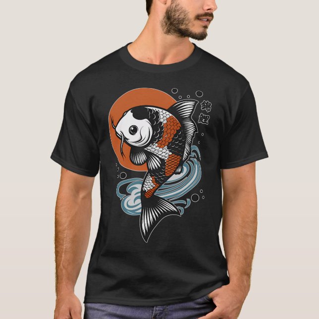Camiseta Gráfico de Peixe Koi Chinês Com Caractere Japonês (Frente)