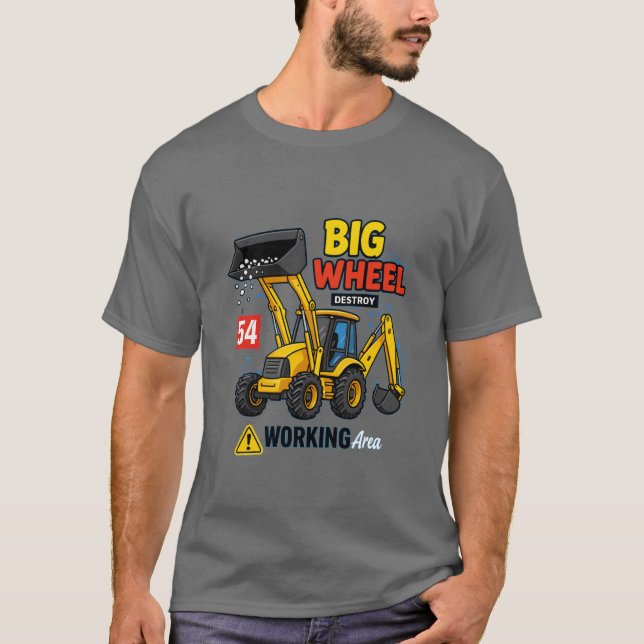 Camiseta Gráfico do Caminhão de Construção de Roda Grande. (Frente)