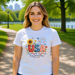 Camiseta Gráfico Floral Patriótico do 250º Aniversário dos 