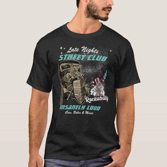 Camiseta Gráfico Rat Rod do Clube Rockabilly Street Noites  (Frente)