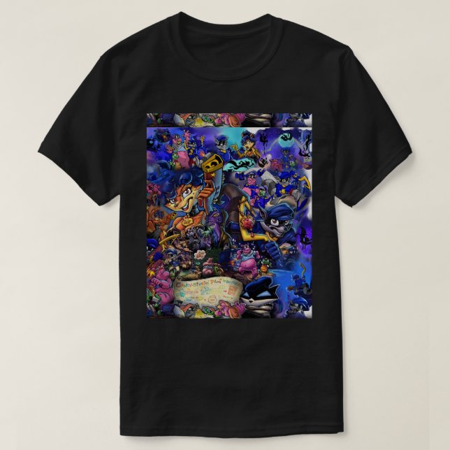 Camiseta Gráfico Sly Cooper Collage em quadrinhos (Frente do Design)