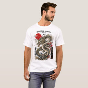 Camiseta Gráfico Vintage do Dragão Japonês e Sol Vermelho