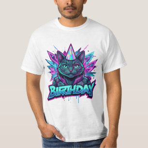 Camiseta Gráficos de Festa de Aniversário de Gato Cyberpunk