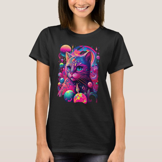Camiseta Gráficos de Gato Arco-Íris Colorido (Frente)