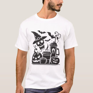 Camiseta Gráficos de Silhueta de Café de Halloween Preto e