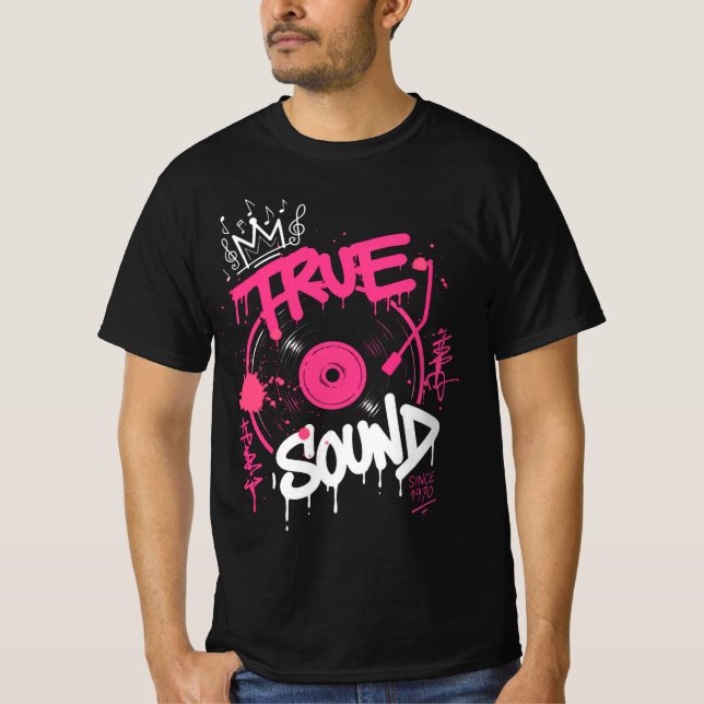 Camiseta Grafite de Som Verdadeiro Disco de Vinil Arte de R (Frente)