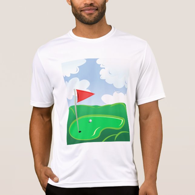 Camiseta Grama de Golfe com Bandeira Vermelha e Bola (Frente)