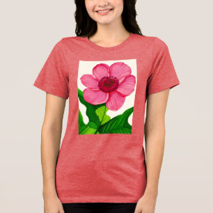 Camiseta Grande Anêmona Rosa com Folhas Verde Esmeraldas