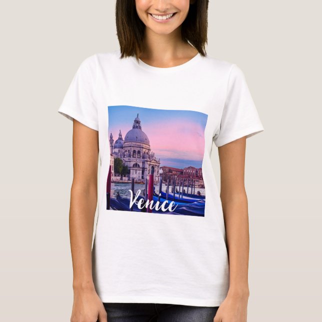 Camiseta Grande Canal com gondolas e igreja em Veneza (Frente)