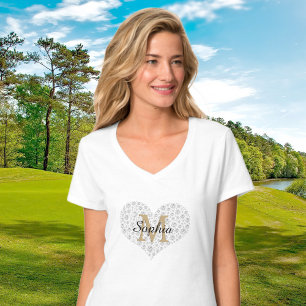 Camiseta Grande Coração de Diamante, Monograma de Ouro, Nom