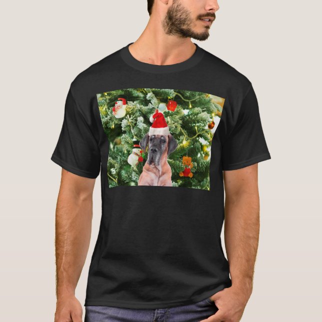 Camiseta Grande Dane com Árvore de Natal Boxes Santa Hat (Frente)