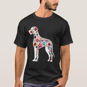 Camiseta Grande Dane Floral Silhouta Cachorro Grande Pássar