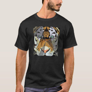 Camiseta Grande gato Tigre com linhas geométricas em cores