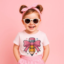 Camiseta Grande Lápis com Laço Rosa Presente de Volta às Au