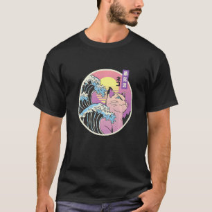 Camiseta Grande Onda Retro Gato Japonês Vaporwave 90's